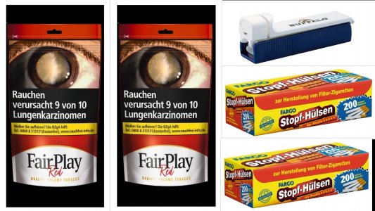 2 x 135g Zigarettentabak Fair Play, 1 Zigarettenmaschin