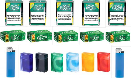 5 x Zigarettentabak Elixyr Plus 102g , 550 Mentholh�lsen,  2 Zigarettenboxen