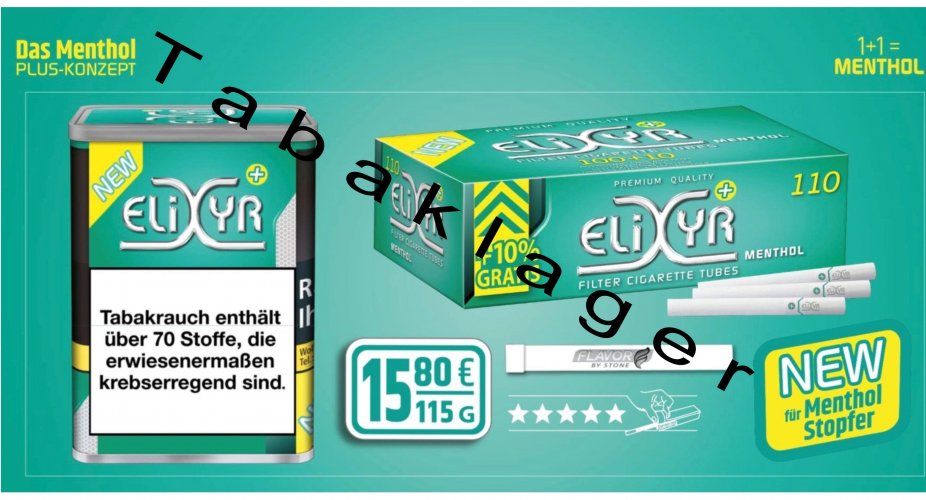 2x Elixyr PLUS Tabak 115g Zigarettentabak + Energy Menthol Hülsen