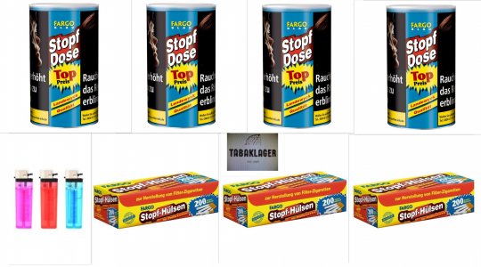 4 x 122g Zigarettentabak Fargo Stopf-Dose BLAU + 600 FARGO-H�lsen, / Stopfdose / \( 100g = 18,82� \)