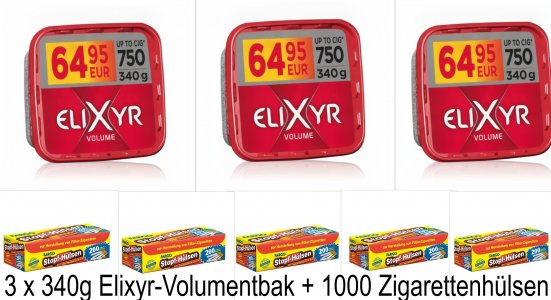 3 x 340g Volumen-Zigarettentabak Elixyr Red Eimer mit H
