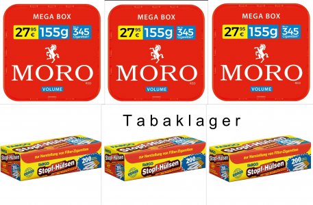 Zigarettentabak MORO rot Volumentabak 3 x 125g-Eimer + 600 Zigarettenh�lsen \( 100g = 22,36� \)