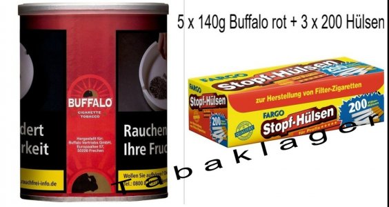 5 x 140g Zigarettentabak Buffalo rot  + 3 x 200 H�lsen
