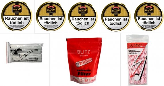 5 x 50g Danish Black V Pfeifentabak, 2 Bt. Reiniger ( l